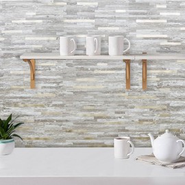 DICOFUN 10-Sheet Peel and Stick Backsplash Tile, Brown Birch Wood Look PVC Mixed Metal Gold Stick on Backsplash Tiles for Kitchen, 9.4 sq.ft