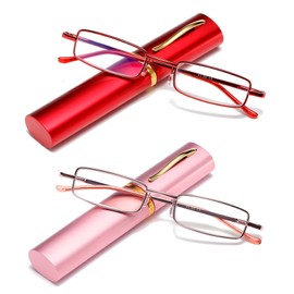 OWTXIS 2 Pack Blue Light Blocking Reading Glasses - Slim Pocket Readers with Pen Clip Case Mini Lightweight Readers (Pink, Red, +1.50)