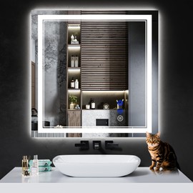 InfiniGlass 30"x30" LED Bathroom Mirror with Anti-Fog, Stepless Dimmable Lights, 3 Color Modes, Shatter-Proof Tempered Glass,Waterproof Design