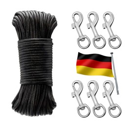 eupdd 20M Fahnenmast Seil: Schwarz Fahnenmast Zubehör Seil mit 6 Fahnenmastclip, Nylon Flaggenseil für Haus Außenbereich, Flaggenseil für den Outdoor, Hochwertiges Fahnenseil