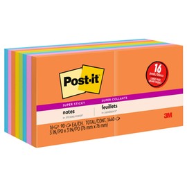 Post-it Super Sticky Notes, 3" x 3", Rio de Janeiro, Pack of 16 Pads