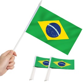 Anley Brazil Mini Flag 12 Pack - Hand Held Small Miniature Brazilian Flags on Stick - Fade Resistant & Vivid Colors - 5x8 Inch with Solid Pole & Spear Top
