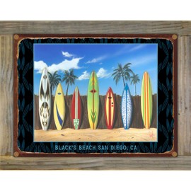 Black's Beach Vintage Surfboards Rustic Metal Print on Reclaimed Barn Wood from Painting by Artist Scott Westmoreland 8.5" x 11.5"