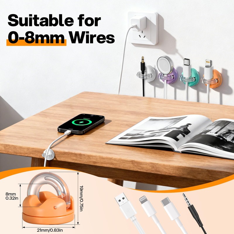 8 Pack 360° Rotatable Magnetic Cable Clips, Adhesive Cord Holder