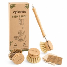 eplanita Natural Dish Brush, 3 Replacement Heads, Kitchen Eco Bamboo Scrubber Brushes, Extra Plant Sponge, Plastic Free Washing Up, Zero Waste Cleanin
