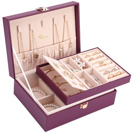 Voova Jewelry Box Organizer for Women Girls, 2 Layer Large Men Jewelry Storage Case, PU Leather Display Jewellery Holder with Removable Tray for Necklace Earrings Rings Bracelets, Vintage Gift, Purple