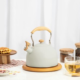 LYTDMSKY Tea Kettle, Stove Top Kettle, Whistle Kettle for Stovetop, 2.5L Food Grade Stainless Steel Tea Pot Stovetop for Tea Coffee Milk, Folding Wood Handle Farmhouse Whistling Kettle, Beige