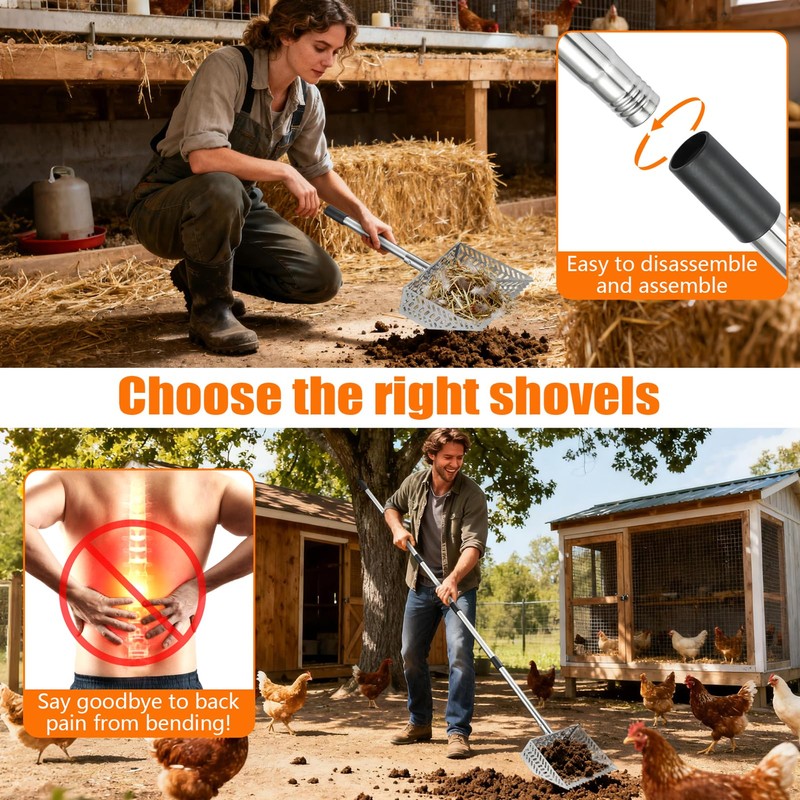 Toomprover 304 Stainless Steel Chicken Poop Scooper & Rake 2-in-1
