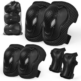 Kids Knee And Elbow Pads,6 in 1 Adjustable Kids Sports Protective Gear Set With Mesh Bag for Skateboard, Roller Skating, Biking, And Outdoor Multi-Sports (Black, M)
