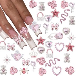32pcs Pink Y2K Nail Charms, 3D Rhinestone Nail Art Decorations, Cute Butterfly, Heart, Star & Bear Designs for DIY Nail Art, Nail Gems for Women Girls (Pink)