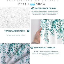 POATOW Teal Eucalyptus Shower Curtain,Watercolor Leaves on The Top Plant with Floral Bathroom Decoration Shower Curtain Sets 72x72 Inch with Hooks (Teal Leaves)