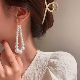Yienate Boho Long Pearl Drop Earrings Vintage Large Imitation Pearl Hoop Dangle Earrings Statement Exaggerated Long Pearl Chain Drop Earrings Wedding Bridal Pearl Earrings Jewellery for Women, Zinc,