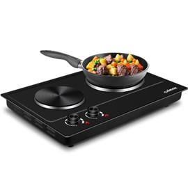 CUSIMAX Hot Plate, 1800W Electric Burner Double Hot Plate for Cooking Countertop Burner with Adjustable Temperature Control, Portable Electric Cast Iron Hot Plates Cooktop, Easy to Clean, Black