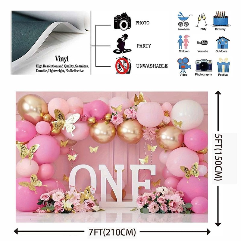 XUNJIN NO.1 First Birthday Backdrop Wonderland Flowers Butterfly Balloons Backdrop