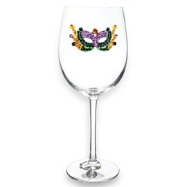 THE QUEENS' JEWELS Mardi Gras Mask Jeweled Stemmed Wine Glass - Unique Gift for Women, Birthday, Cute, Fun, Not Painted, Decorated, Bling, Bedazzled, Rhinestone