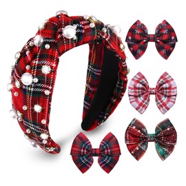 Christmas Headband Bow Red Green Pearl Rhinestone Christmas Knotted Headband Xmas Festive Top Knot Head Band Bow Barrettes Winter Holiday Christmas Outift Accessories (Christmas headbands bows B set)