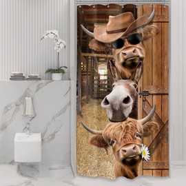 Riyidecor Small Stall Funny Cow Shower Curtain 36Wx72H Inch Half RV Single Farmhouse Cattle Donkey Western Bull Rustic Wood Barn Door Country Bathroom Decor Fabric Polyester Waterproof 7 Pack Hooks