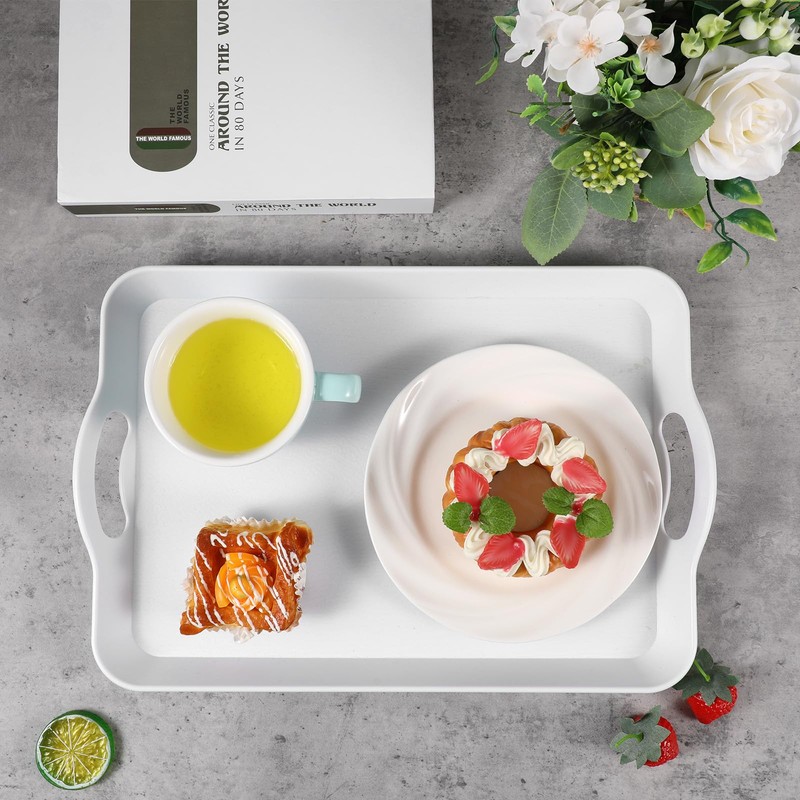 2 Pack Melamine Serving Trays with Handles, Large White Rectangular