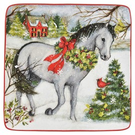 Certified International Christmas on the Farm Square Salad Dessert Plate, White Horse