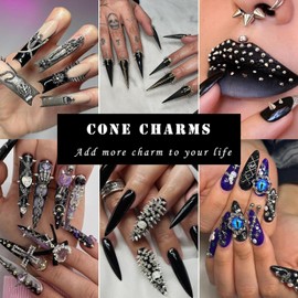 ATIMORY Punk Goth Nail Art Studs Beads Chrome Nail Charms Cross Heart Silver Gold Y2k Nail Gems Cone Spikes Alloy Nail Rivets Jewelry for Goth DIY Crafts Decorations Accessories (Nail Studs Set 1)
