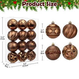 Hollyone 12PCS Christmas Baubles Xmas Ball Oranment, 80MM/3.1'' Bronze Christmas Balls for Tree Decorations, Gold-edged Xmas Hanging Ornaments with Strings for Holiday, Party, Wedding Decor