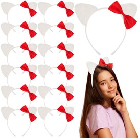 Knitgrip 12 Pcs Kitty Cat Ears Headbands Gift Pink Bow Kitty Birthday Party Favor Cute Red White Kawaii Kitten Bow Decoration(Red,Retro)