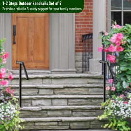 Outdoor Stair Railing Handrails for Outdoor Steps Sturdy Single Post Wrought Iron Handrail Set of 2, Black Stylish Porch Railing for Concrete Steps or Wooden Stairs, Fit 1 or 2 Steps