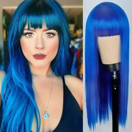 Kaneles Blue Wig Long Straight Hair with Bangs Natural Wig for Women Synthetic Heat Resistant Fiber Cosplay Party Show (Blue)