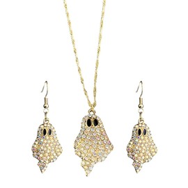 QRH - Juego de collar de arete de fantasma de calabaza con diamantes de imitación brillantes de Halloween con abalorio de diamante delicado Jack-o-lantern fantasma, juego de collar brillante para