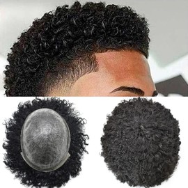 Afro Toupee for Black Men African American Men 8"×10" Hair Replacement Systems Full PU Afro 12mm Weave Mens Hair Unit 8"x10"1#Jet Black