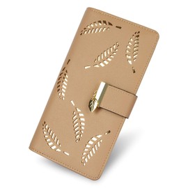 CHAOFANXI Women's Purse Hollow Leaf Pattern Bifold Leather Lady Long Purse Purse Zip Birthday Christmas Gifts for Women Girls, L Khaki, Stylish
