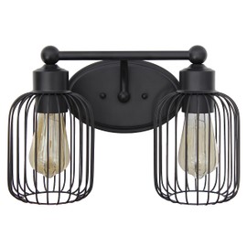 Elegant Designs VT1021-BLK 14" Industrial Farmhouse 2 Light Metal Birdcage Decorative Wall Mounted Vanity Fixture with Matching Metal Oval Backplate Vanity, Black