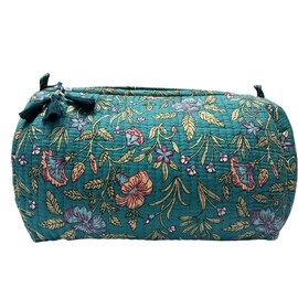 Floral Quilted Cosmetic Bag | Makeup Organizer Pouch with Zipper & Tassels | Stylish Toiletry Kit for Office Travel Daily Use For Women (Teal Blue)