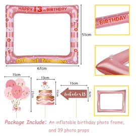 40 Pieces Inflatable Photo Booth Frame and Props 13th Birthday, Photo Booth Props Rose Gold Birthday Decoration, Photo Props Selfie Frame for 13th Birthday Party Decoration Favour Supplies