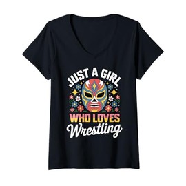 Womens Just A Girl Who Loves Wrestling Wrestler Lucha Floral V-Neck T-Shirt