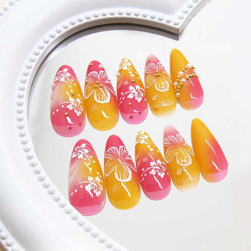 24pcs Flower Press on Nails Medium Almond Fake Nails with