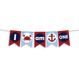 I Am One Banner náutico de ancla o cangrejo para decoración del primer cumpleaños del bebé, bandera náutica de silla alta, pancarta de torta, cartel de cangrejo, letrero de cangrejo, decoración de fiesta del océano, suministros de fiesta pirata, primer b