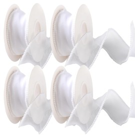 CABODYALS 4 Rolls 20 Yards White Ribbon with Pearls Bridal Beads Transparent Fishtail Chiffon Organza Trim Ribbons with Spool for Wrapping Gifts Wedding Invitations Bouquets Christmas