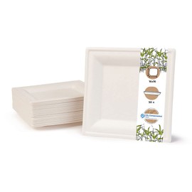 BIOZOYG Environmentally Friendly Disposable Bagasse cockery Set | 50 Pieces whitely Bleached Square Sugar Cane Plate of 16x16 cm. Bio Disposable Bowls, Disposable Party Plates and Bowls