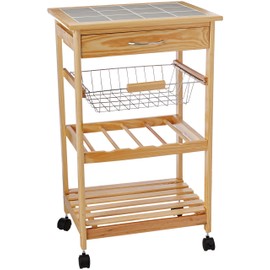 Organize It All Natural Pinewood Multi-Purpose Mobile Kitchen Cart, Light Tan