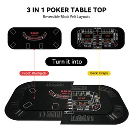 YUZPKRSI 3 in 1 Poker Table Top, Texas Hold'em Poker Card Tabletop Layout with Reversible Black Felt, Foldable Poker Table Craps Mat with Cup Holders, Carrying Bag for Poker/Blackjack/Craps