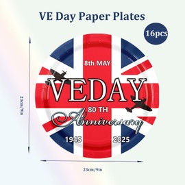 16pcs VE Day Plates,9inch 80th Anniversary Paper Plates Victory In Europe Party Disposable Round Dinner Plates Paper Dinnerware for Celebrate VE-Day 80 Years WWII Victory Commemorative Table Décor
