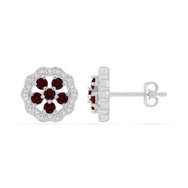 LUSTRE AND LIGHT Natural Garnet Flower Stud Earrings for Women in Sterling Silver with Moissanite, January Birthstone Jewelry Gifts for Her Birthday, Wedding Anniversary, Graduation, Christmas