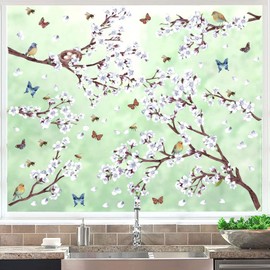 ANHUIB Spring Decorative Window Sticker, Window Sticker Flowers White, Birds Window Sticker, Butterfly Living Room, Wall Sticker Flowers Children's Room, Plant Wall Sticker, Flowers Window Picture