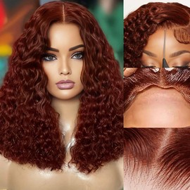 FABA Reddish Brown glueless wigs human hair pre plucked pre cut Deep Wave 7x5 Wear And Go Closure Wigs Reddish Brown Curly Wig Human Hair 180% Density Auburn Wig for Women 12 Inch