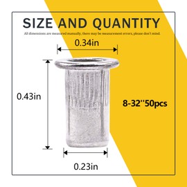 Rustark 50 Pcs 8-32'' UNC 304 Stainless Steel Rivet Nuts Flat Head Threaded Insert Nutsert Rivnuts Set (8-32'' UNC)
