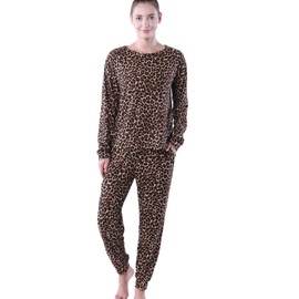 Abirfig Women's Pajamas Set Two Piece Pjs Long Sleeve Sweatshirt Long Pants Lounge Sleepwear with Pockets(Leopard,Large)