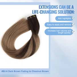 Sixstarhair Remy Tape In Hair Extensions Balayage Color Dark Brown Fading to Chestnut Brown Real Remy Semi-permanent Hair Extensions 20 Pieces 50 Gram [Color B2-6#-20 inch]
