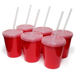 Rolling Sands 16 Oz. Reusable Plastic Stadium Cups with Lids, 6 Pack, USA Made Plastic Tumblers and Lids, Includes 6 Reusable Straws; Dishwasher Safe, Red