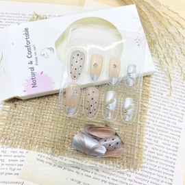 LWTZLW French Tip Press on Nails Polka Dot Ribbon Design Medium Almond Fake Nails with Rhinestones French Tip Full Cover Glue on Nail Oval Acrylic False Nail Glossy Artificial Nail Reusable for Women